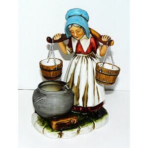 Capodimonte Style Porcelain Figurine Woman Water Buckets 7.5" Crown N Italy Vtg